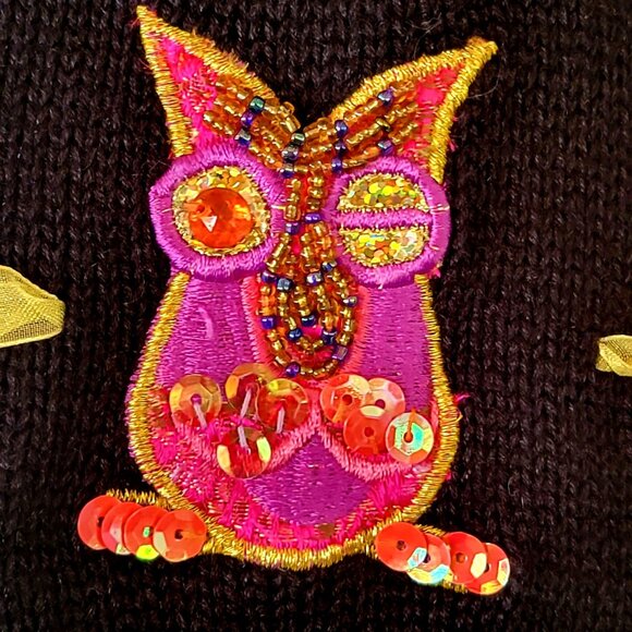 Vintage 90s Y2K Jack B Quick Sequined Beaded Novelty Owl Cardigan Sweater Top - Picture 10 of 16